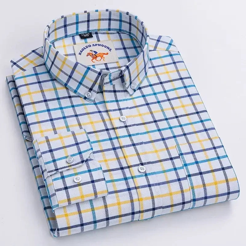 LYVIO Men's White Cotton Oxford Long Sleeve Horse Embroidery Shirt