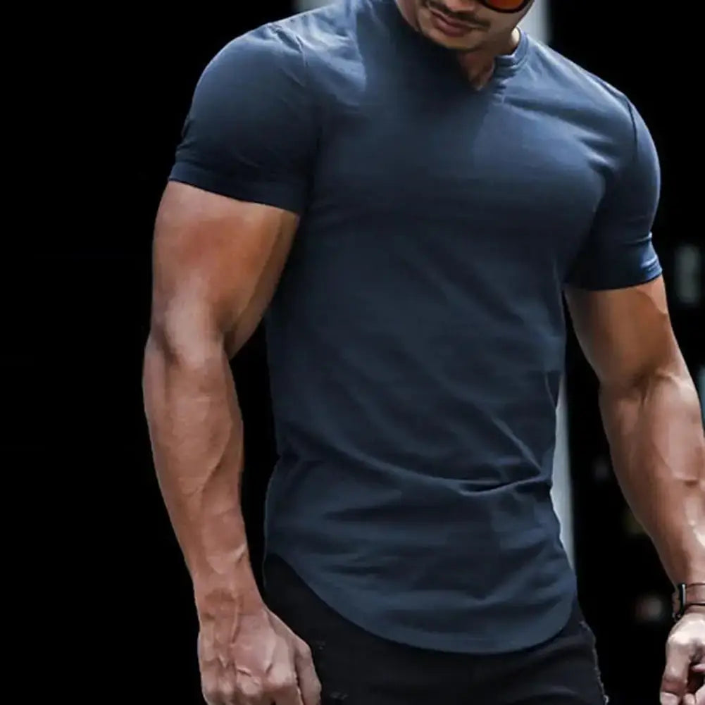 LYVIO Men's Slim Fit V-Neck Longline Arc Hem T-Shirt