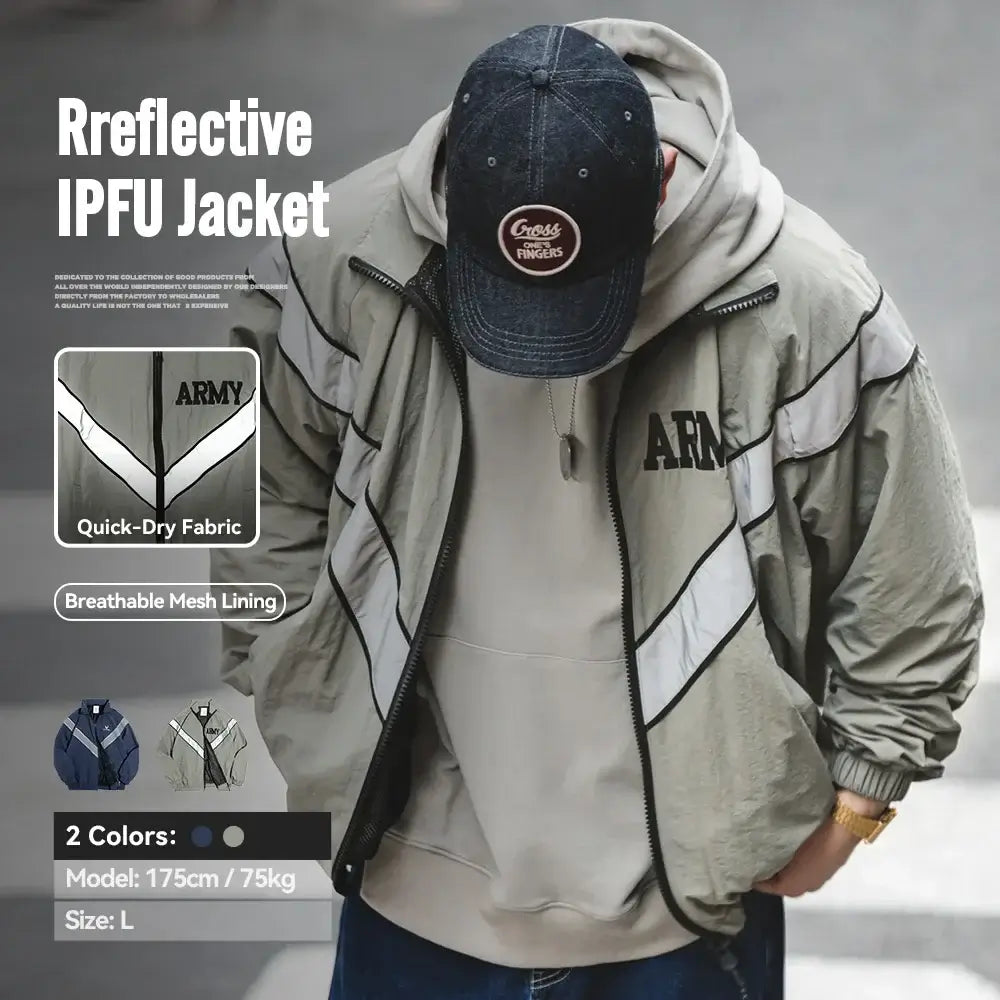 LYVIO Men's Blue Vintage Reflective Hooded Bomber Jacket