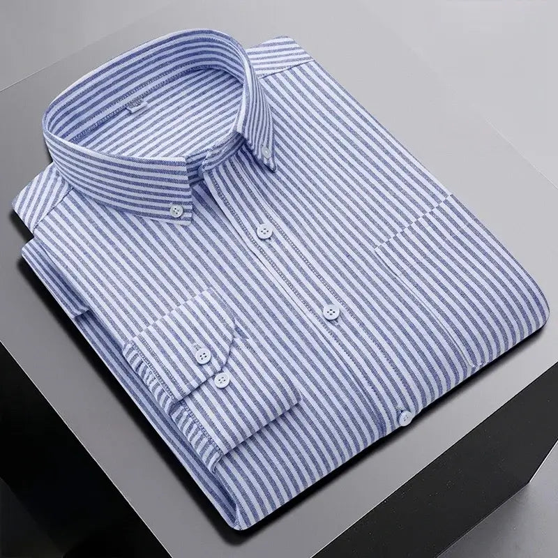 LYVIO Men's 100% Cotton Oxford Striped Plaid Shirt