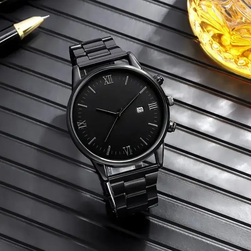 LYVIO Men's Black Minimalist Quartz Watch Bracelet Necklace Ring Set