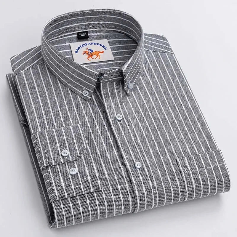LYVIO Men's White Cotton Oxford Long Sleeve Horse Embroidery Shirt
