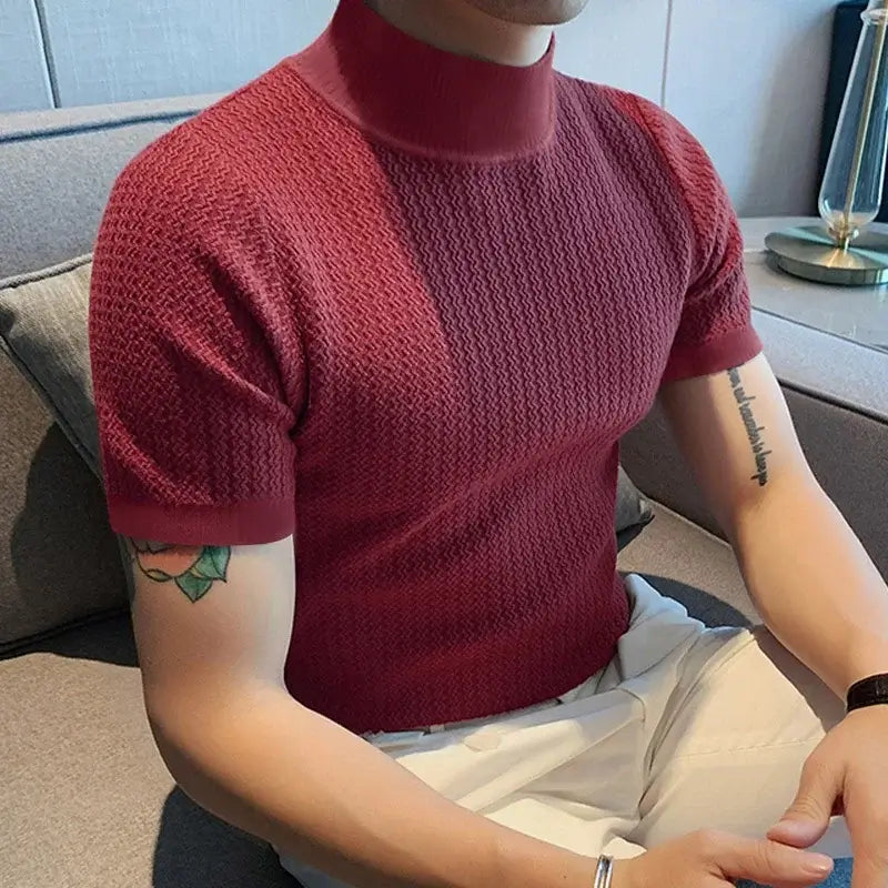 LYVIO Men's Slim Fit Solid Knitted Turtleneck Short Sleeve Shirt