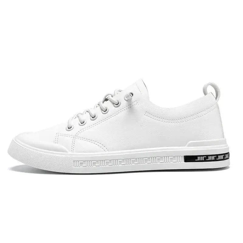 LYVIO Men's White Faux Leather Low Top Slip-On Sneakers