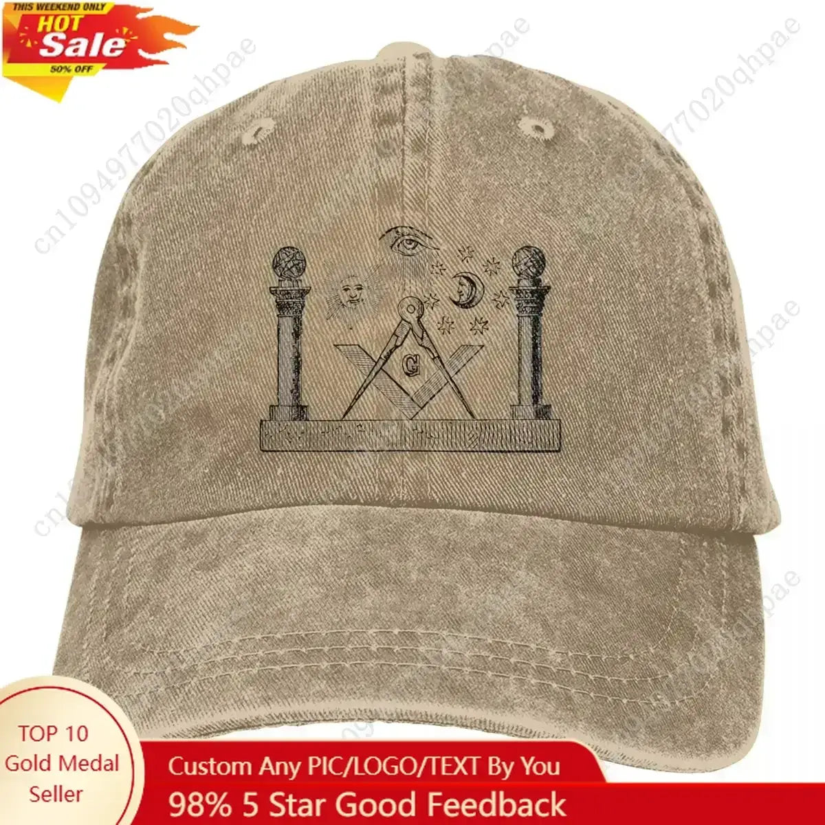 LYVIO Masonry Square Compass Gold Distressed Snapback Hat