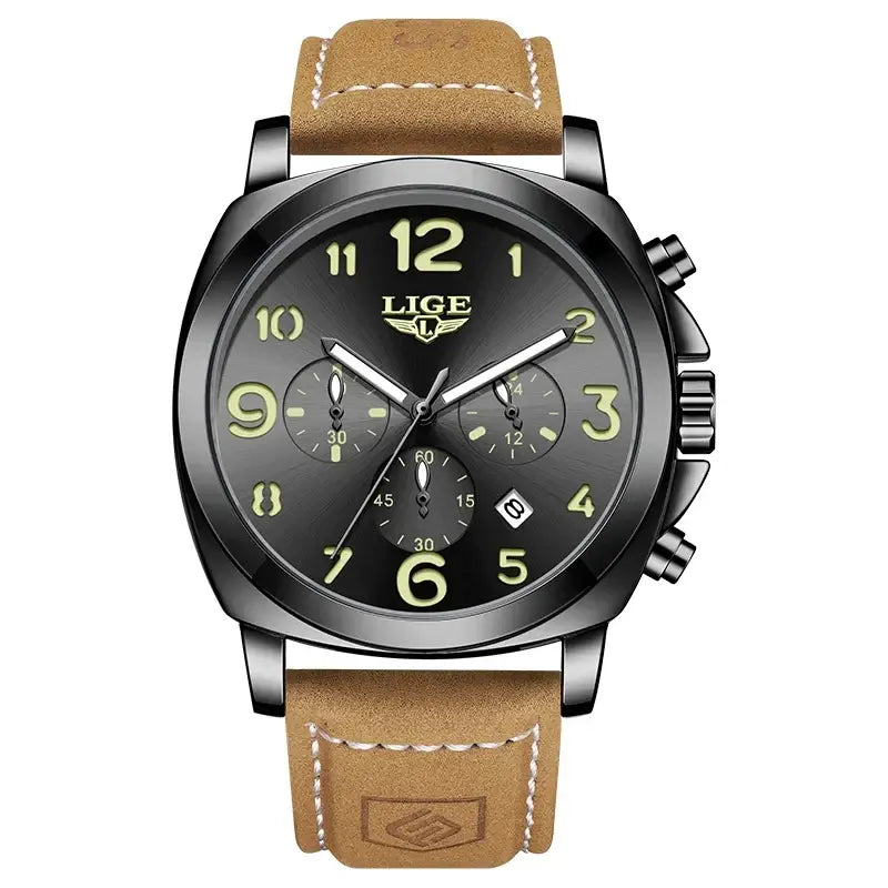LYVIO LIGE Luxury Waterproof Chronograph Men's Leather Watch