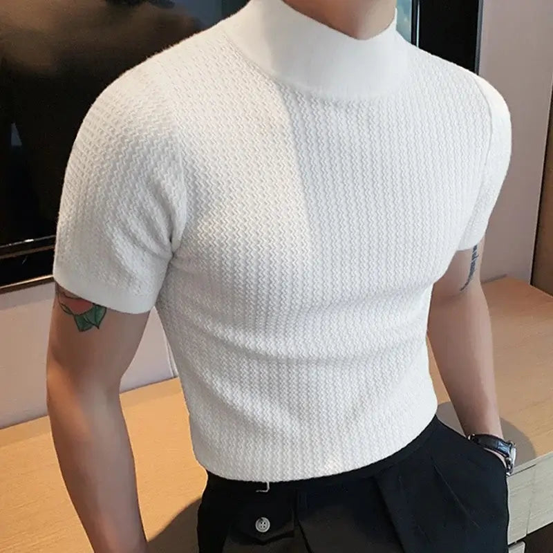 LYVIO Men's Slim Fit Solid Knitted Turtleneck Short Sleeve Shirt