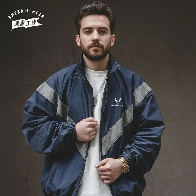 LYVIO Men's Blue Vintage Reflective Hooded Bomber Jacket