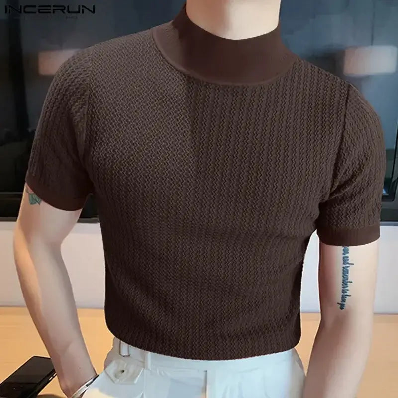 LYVIO Men's Slim Fit Solid Knitted Turtleneck Short Sleeve Shirt