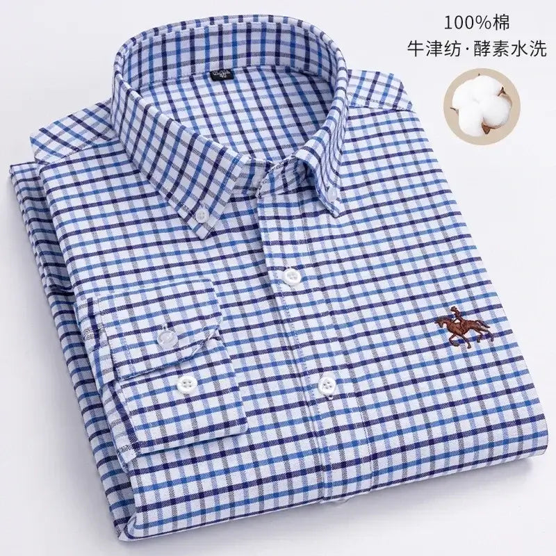 LYVIO Men's White Cotton Oxford Long Sleeve Horse Embroidery Shirt