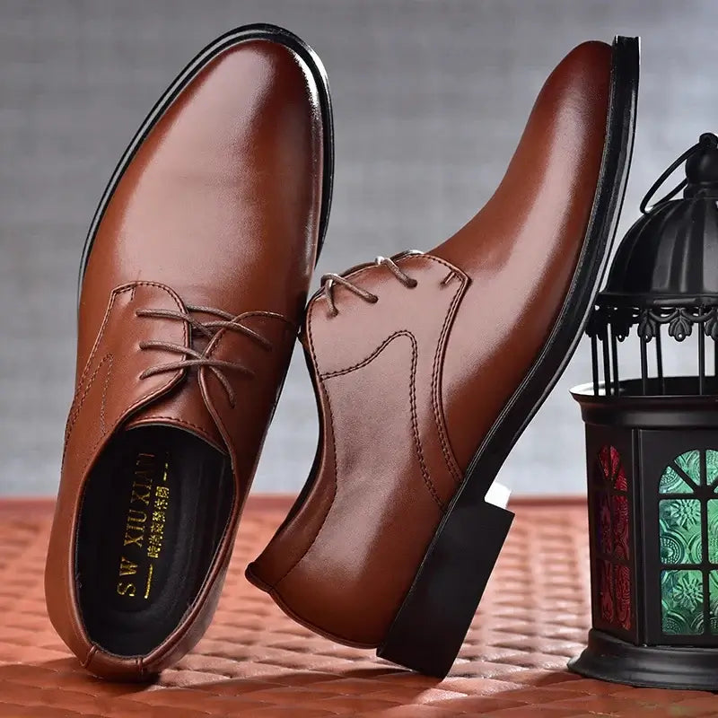 LYVIO Men's Brown Leather Pointed Toe Oxford Business Shoes
