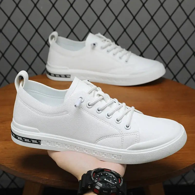 LYVIO Men's White Faux Leather Low Top Slip-On Sneakers