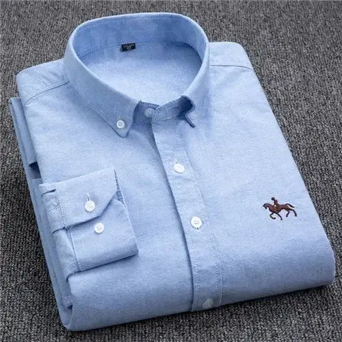 LYVIO Men's White Cotton Oxford Long Sleeve Horse Embroidery Shirt