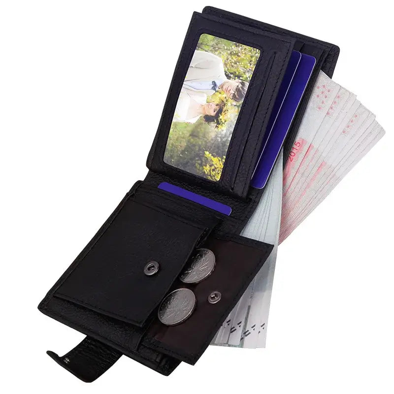 LYVIO Genuine Cowhide Leather Men's Short Black Wallet