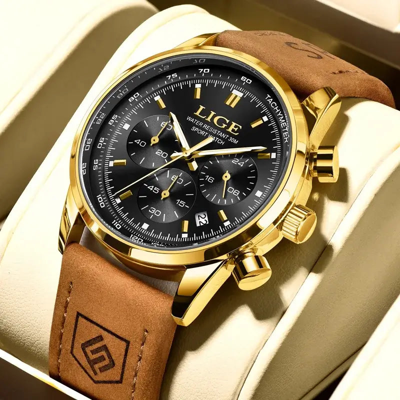 LYVIO LIGE Luxury Men's Leather Quartz Chronograph Wristwatch