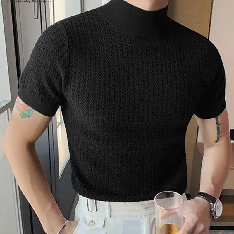 LYVIO Men's Slim Fit Solid Knitted Turtleneck Short Sleeve Shirt