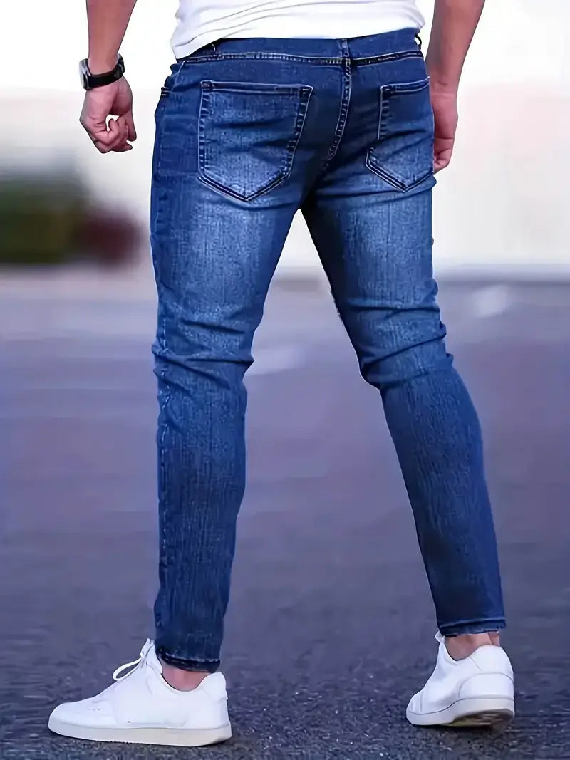LYVIO Men's Slim Fit Stretch Ripped Denim Jeans with Contrast Stitching