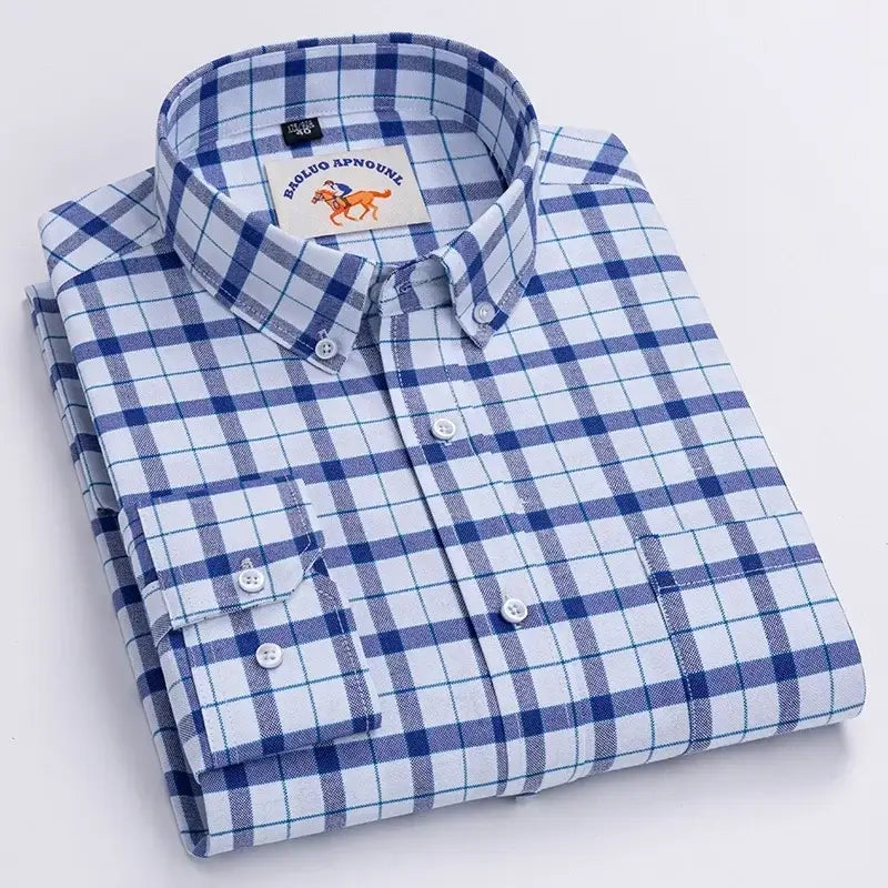 LYVIO Men's White Cotton Oxford Long Sleeve Horse Embroidery Shirt