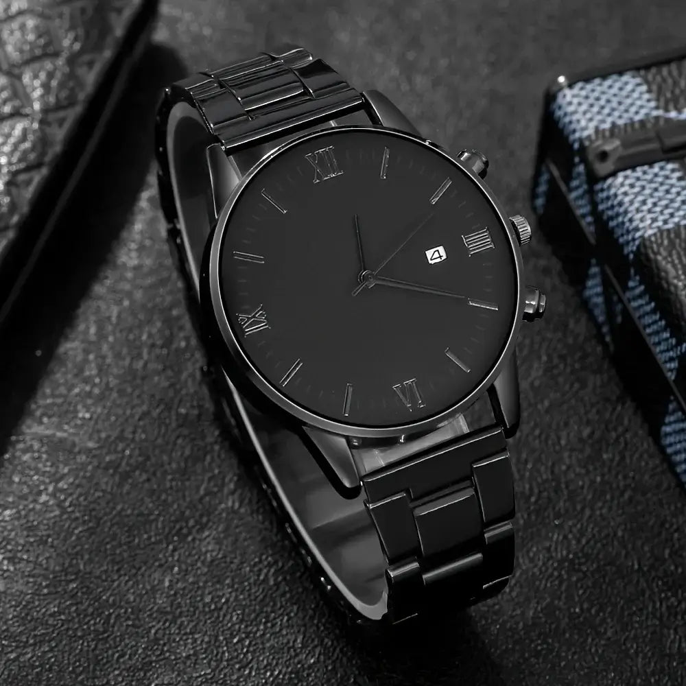 LYVIO Men's Black Minimalist Quartz Watch Bracelet Necklace Ring Set