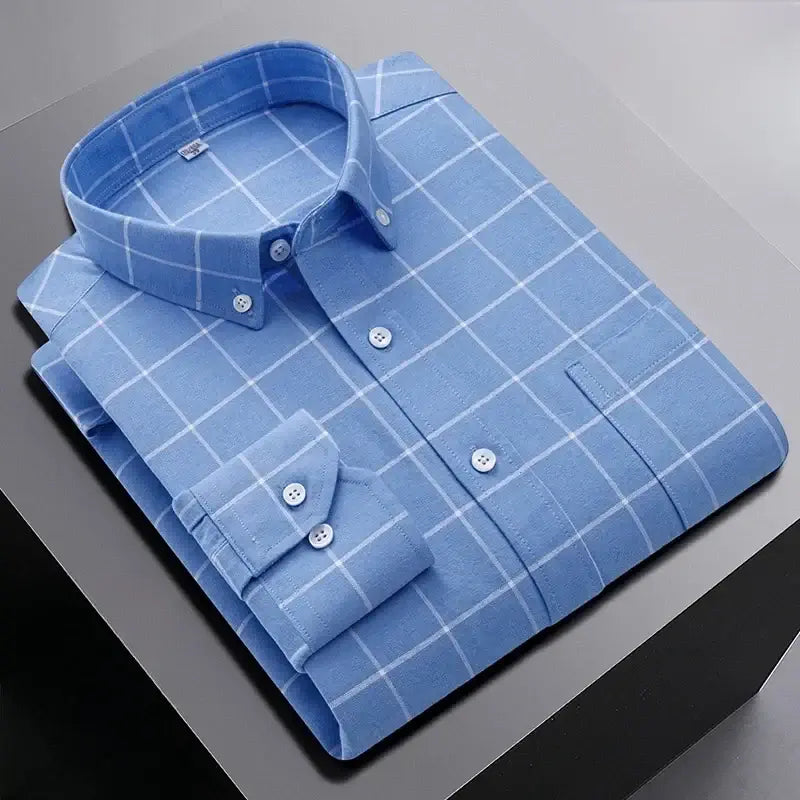 LYVIO Men's 100% Cotton Oxford Striped Plaid Shirt