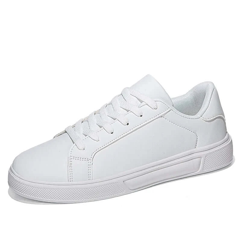 LYVIO Men's White Natural Leather Flat Bottom Casual Sneakers