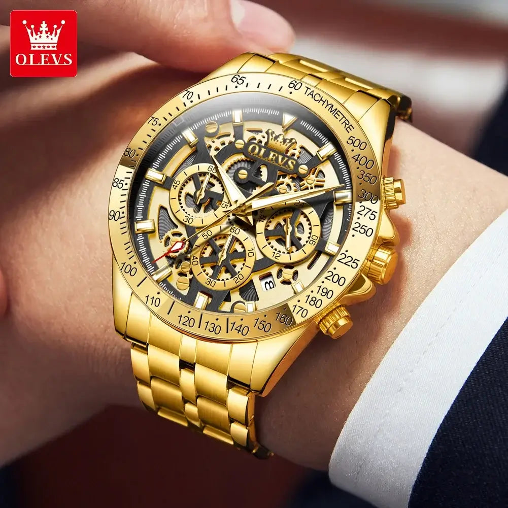 LYVIO OLEVS Gold Full Skeleton Stainless Steel Men's Watch