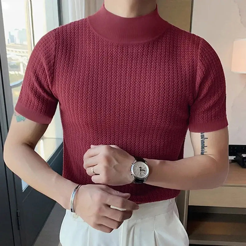 LYVIO Men's Slim Fit Solid Knitted Turtleneck Short Sleeve Shirt