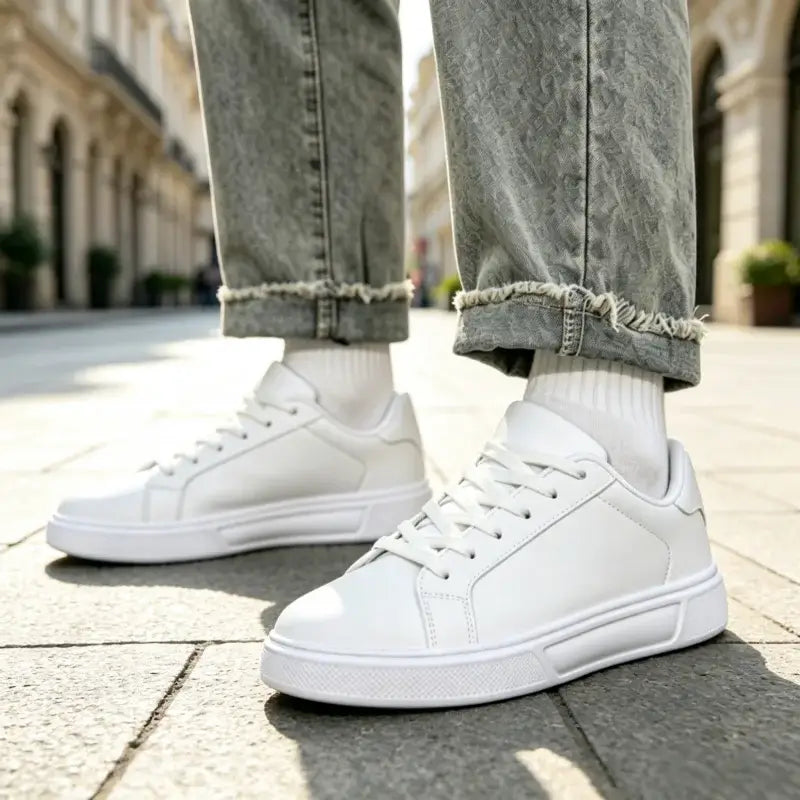 LYVIO Men's White Natural Leather Flat Bottom Casual Sneakers