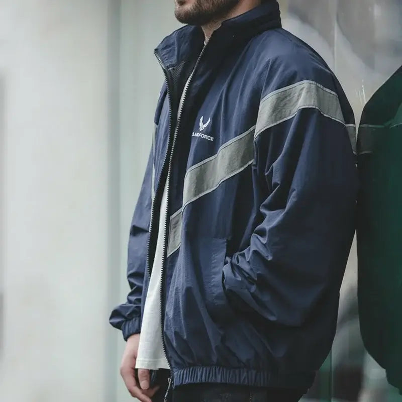 LYVIO Men's Blue Vintage Reflective Hooded Bomber Jacket