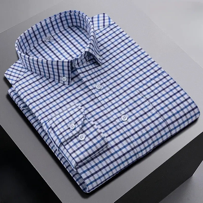 LYVIO Men's 100% Cotton Oxford Striped Plaid Shirt