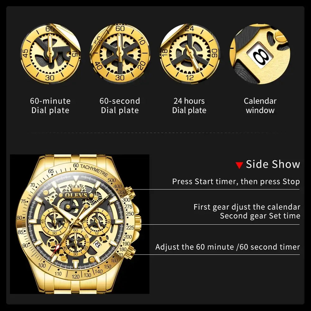 LYVIO OLEVS Gold Full Skeleton Stainless Steel Men's Watch