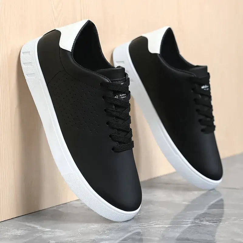 LYVIO Men's Classic White Leather Perforated Sneakers