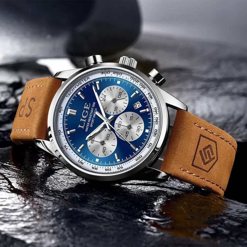 LYVIO LIGE Luxury Men's Leather Quartz Chronograph Wristwatch