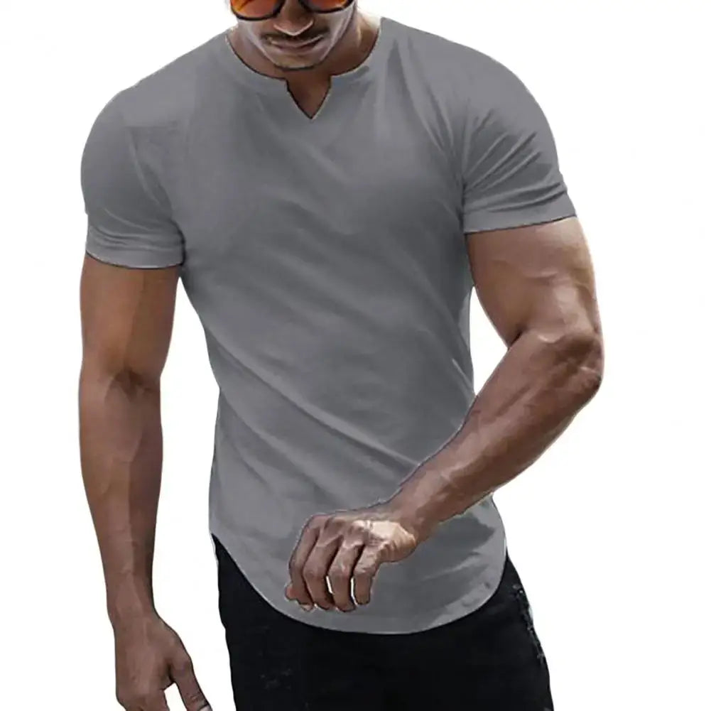 LYVIO Men's Slim Fit V-Neck Longline Arc Hem T-Shirt