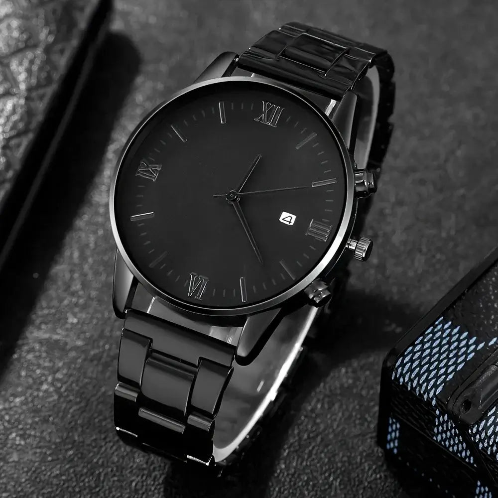 LYVIO Men's Black Minimalist Quartz Watch Bracelet Necklace Ring Set