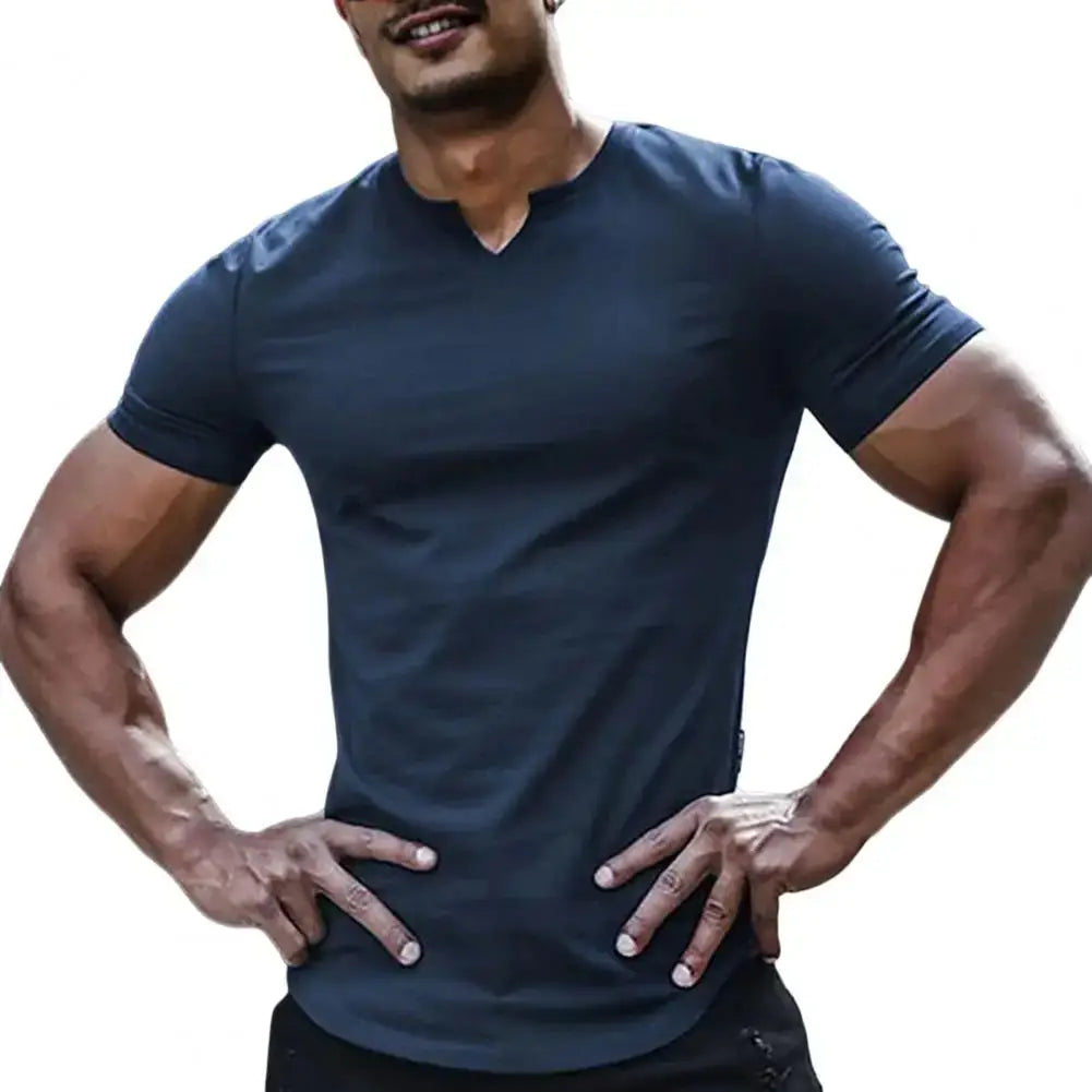 LYVIO Men's Slim Fit V-Neck Longline Arc Hem T-Shirt