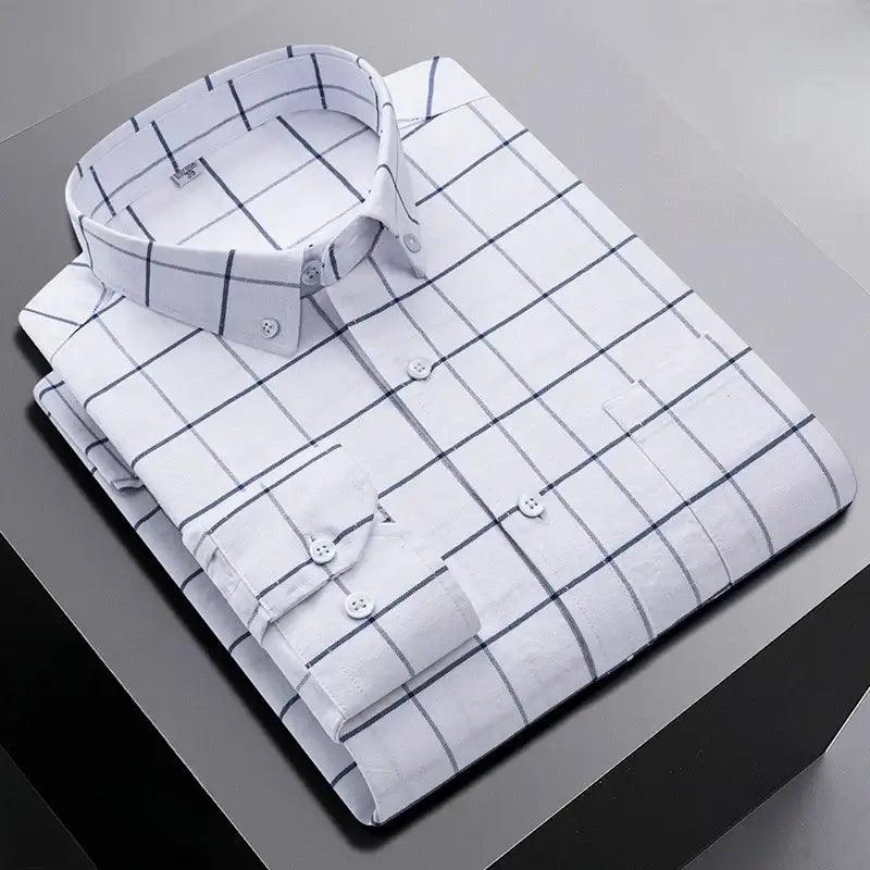 LYVIO Men's 100% Cotton Oxford Striped Plaid Shirt