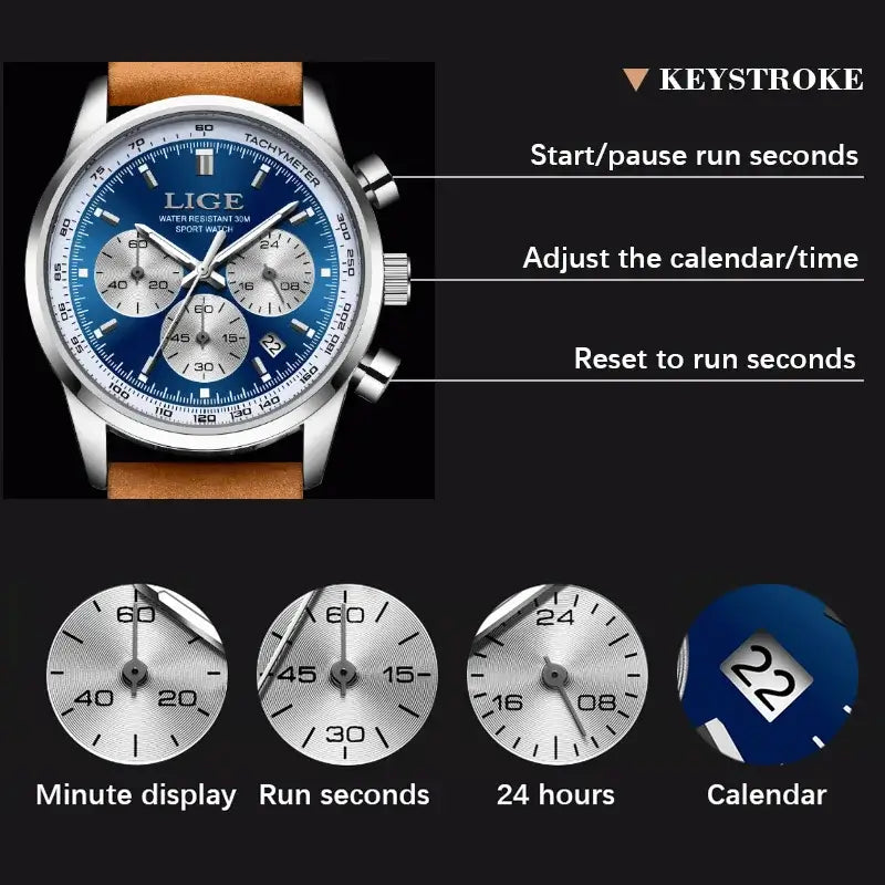 LYVIO LIGE Luxury Men's Leather Quartz Chronograph Wristwatch