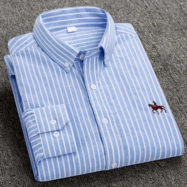 LYVIO Men's White Cotton Oxford Long Sleeve Horse Embroidery Shirt