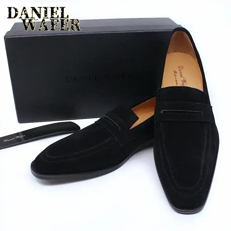 LYVIO Men's Brown Black Suede Leather Slip-On Penny Loafers