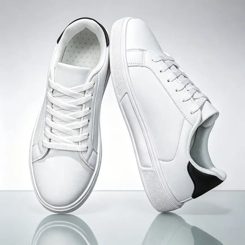 LYVIO Men's White Natural Leather Flat Bottom Casual Sneakers