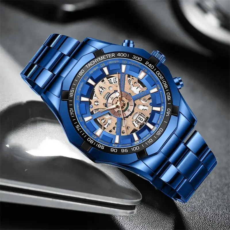 LYVIO Luxury Blue Hollow Out Stainless Steel Men's Quartz Watch