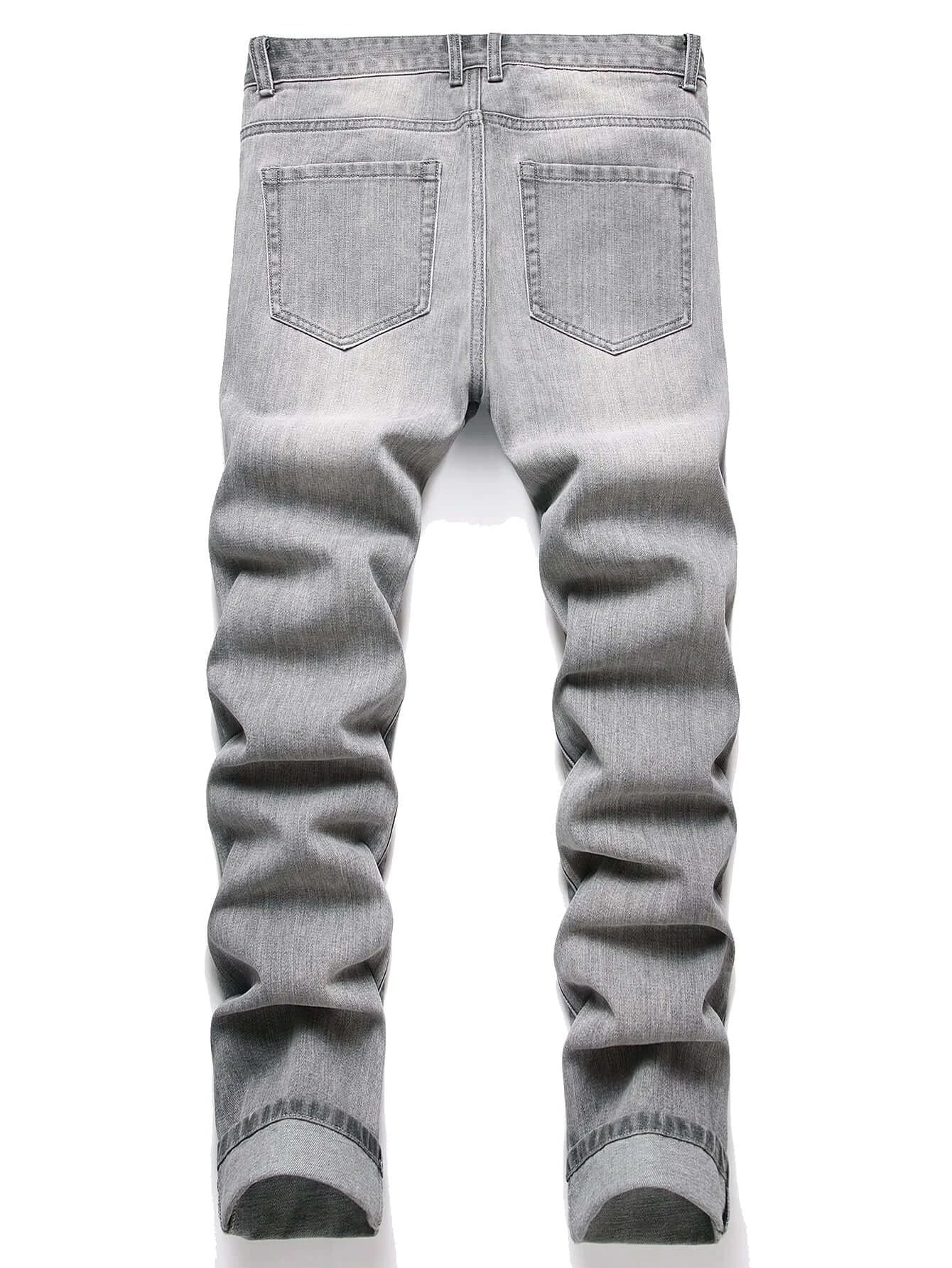 LYVIO Men's Slim Fit Grey Straight Leg Mid Waist Denim Jeans