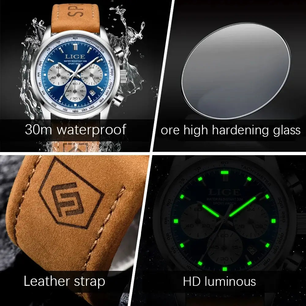 LYVIO LIGE Luxury Men's Leather Quartz Chronograph Wristwatch
