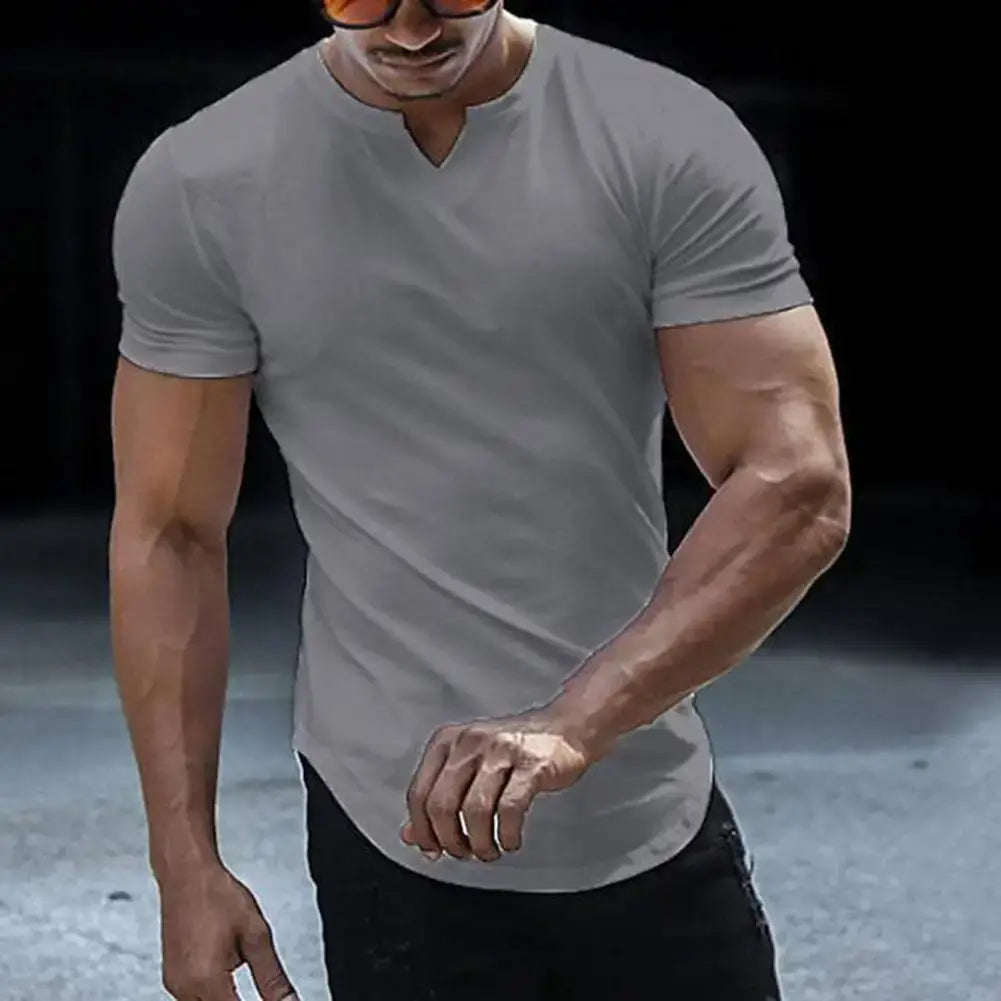 LYVIO Men's Slim Fit V-Neck Longline Arc Hem T-Shirt