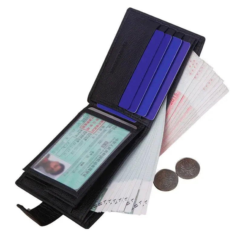 LYVIO Genuine Cowhide Leather Men's Short Black Wallet