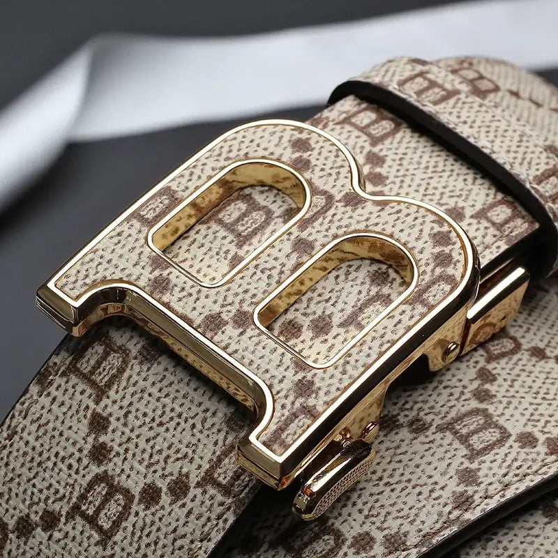 LYVIO Classic B Print Leather Ratchet Buckle Dress Belt