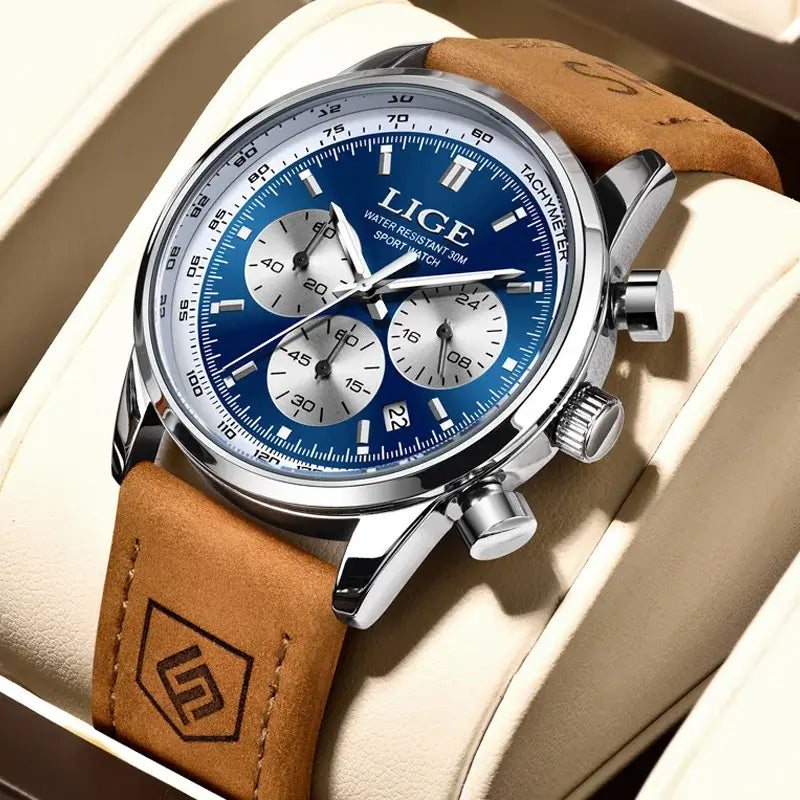 LYVIO LIGE Luxury Men's Leather Quartz Chronograph Wristwatch