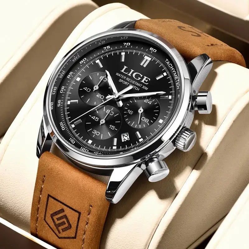LYVIO LIGE Luxury Men's Leather Quartz Chronograph Wristwatch