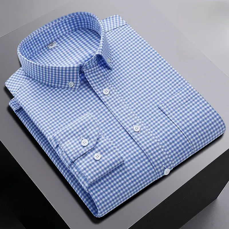 LYVIO Men's 100% Cotton Oxford Striped Plaid Shirt